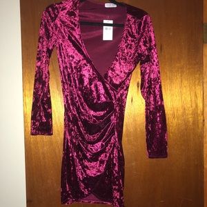 Fashion Nova Velvet Burgundy Long Sleeved Dress